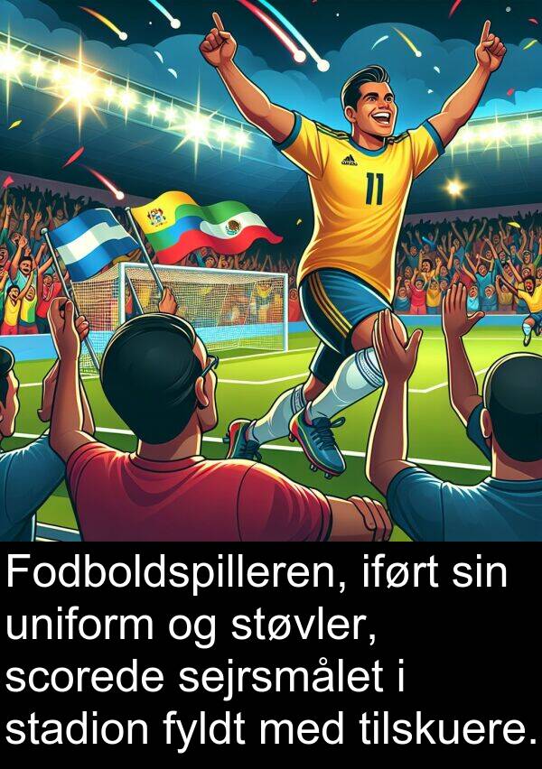 uniform: Fodboldspilleren, iført sin uniform og støvler, scorede sejrsmålet i stadion fyldt med tilskuere.