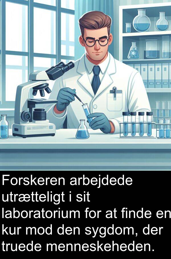 kur: Forskeren arbejdede utrætteligt i sit laboratorium for at finde en kur mod den sygdom, der truede menneskeheden.