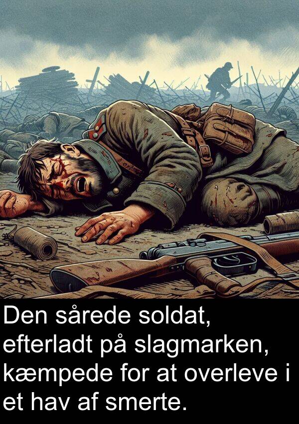 kæmpede: Den sårede soldat, efterladt på slagmarken, kæmpede for at overleve i et hav af smerte.