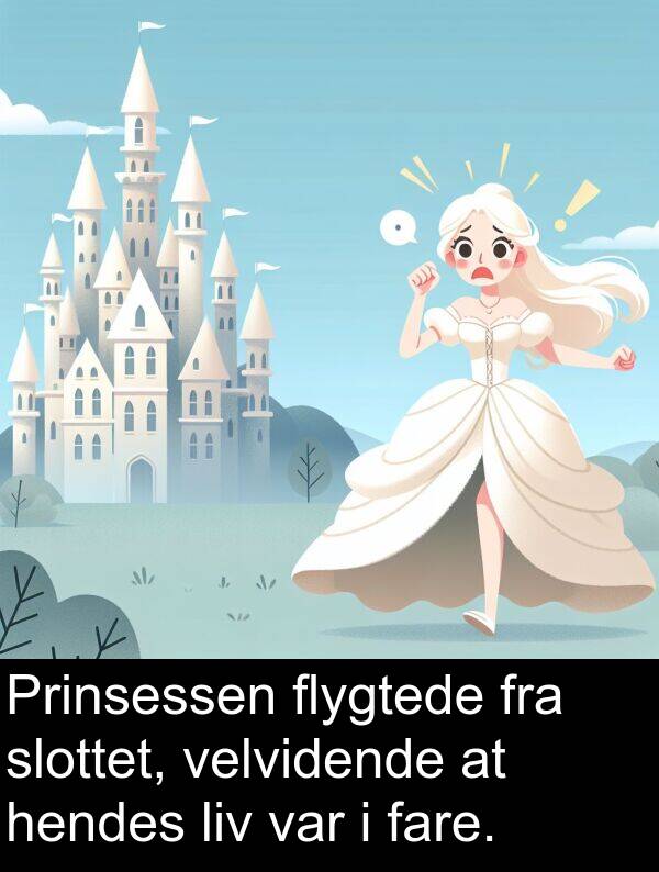 flygtede: Prinsessen flygtede fra slottet, velvidende at hendes liv var i fare.