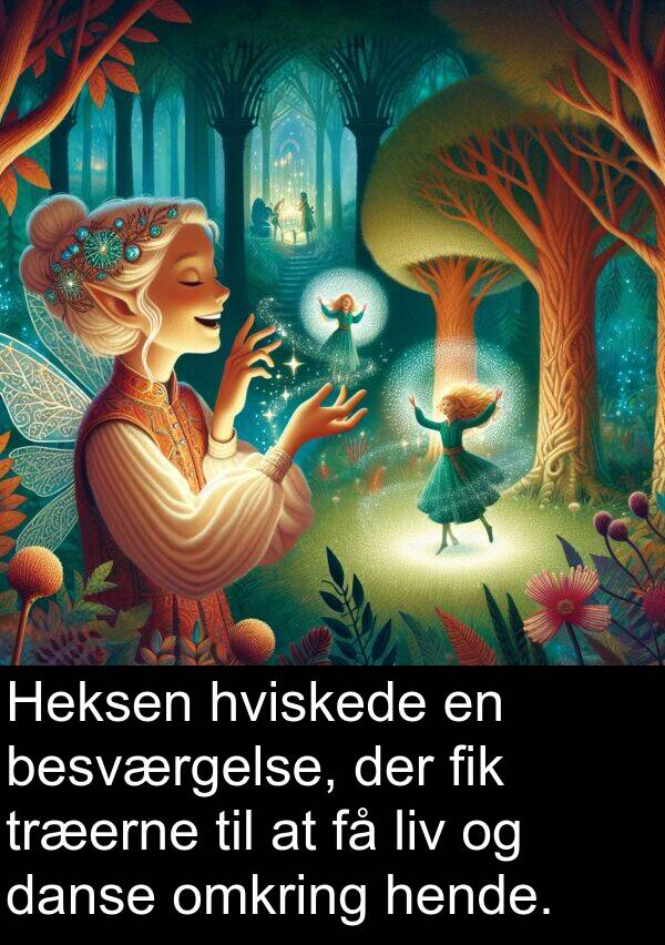 hende: Heksen hviskede en besværgelse, der fik træerne til at få liv og danse omkring hende.