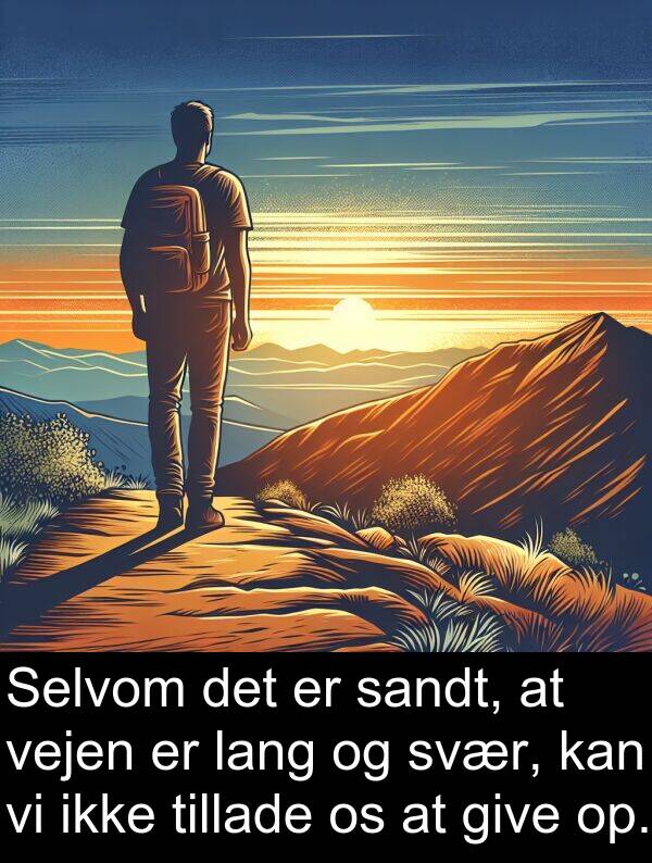 svær: Selvom det er sandt, at vejen er lang og svær, kan vi ikke tillade os at give op.