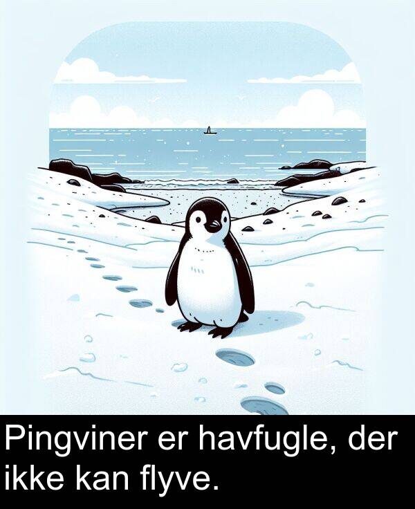 flyve: Pingviner er havfugle, der ikke kan flyve.