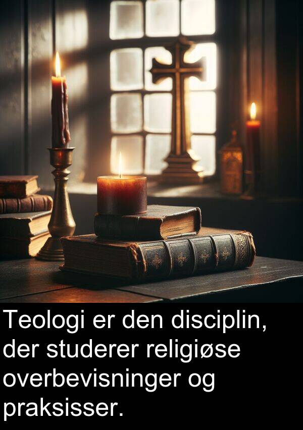 disciplin: Teologi er den disciplin, der studerer religiøse overbevisninger og praksisser.