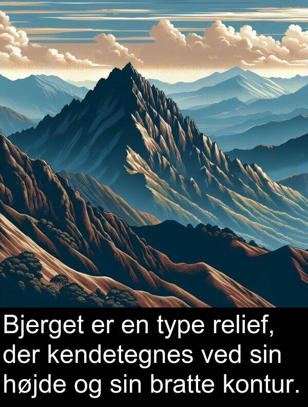 kendetegnes: Bjerget er en type relief, der kendetegnes ved sin højde og sin bratte kontur.