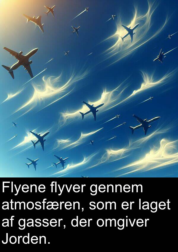 flyver: Flyene flyver gennem atmosfæren, som er laget af gasser, der omgiver Jorden.