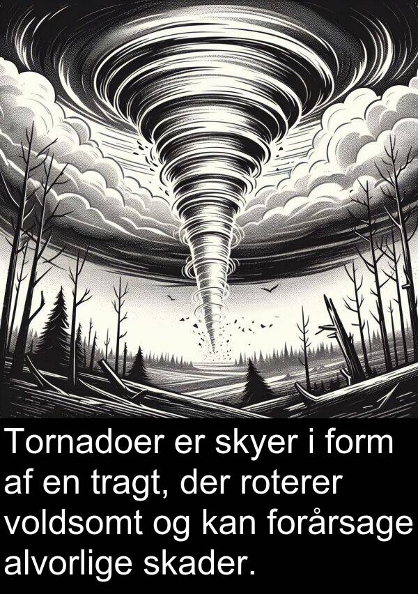 voldsomt: Tornadoer er skyer i form af en tragt, der roterer voldsomt og kan forårsage alvorlige skader.