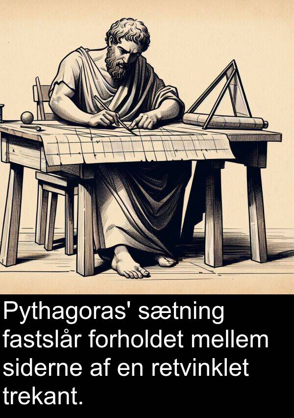 mellem: Pythagoras' sætning fastslår forholdet mellem siderne af en retvinklet trekant.