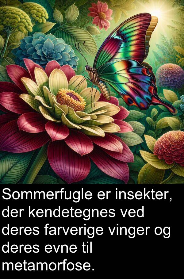 kendetegnes: Sommerfugle er insekter, der kendetegnes ved deres farverige vinger og deres evne til metamorfose.
