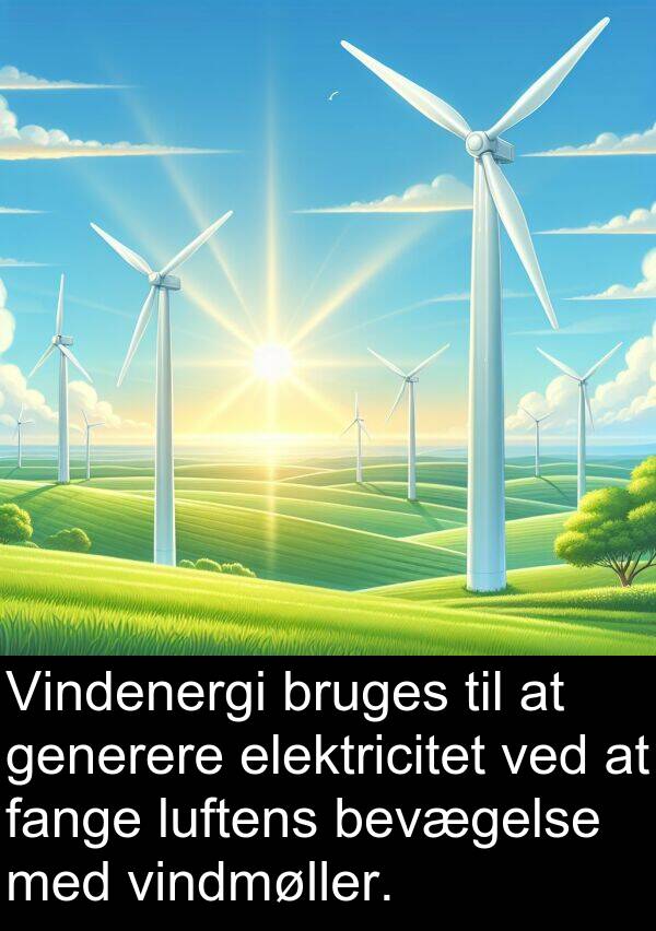 vindmøller: Vindenergi bruges til at generere elektricitet ved at fange luftens bevægelse med vindmøller.