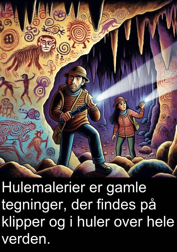 gamle: Hulemalerier er gamle tegninger, der findes på klipper og i huler over hele verden.