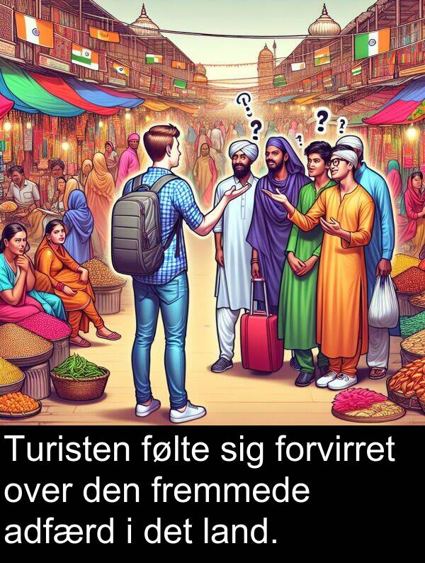 fremmede: Turisten følte sig forvirret over den fremmede adfærd i det land.