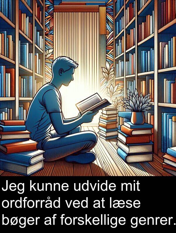 genrer: Jeg kunne udvide mit ordforråd ved at læse bøger af forskellige genrer.