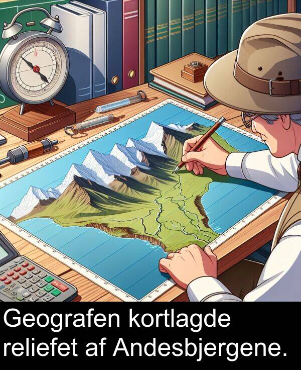 kortlagde: Geografen kortlagde reliefet af Andesbjergene.