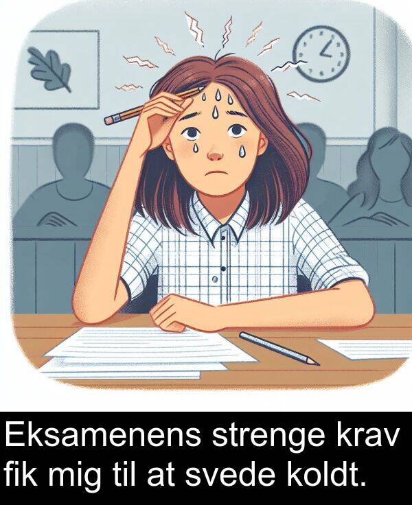 krav: Eksamenens strenge krav fik mig til at svede koldt.