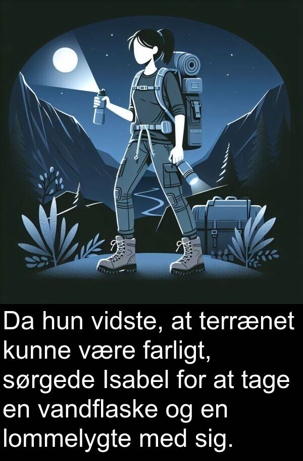 vandflaske: Da hun vidste, at terrænet kunne være farligt, sørgede Isabel for at tage en vandflaske og en lommelygte med sig.