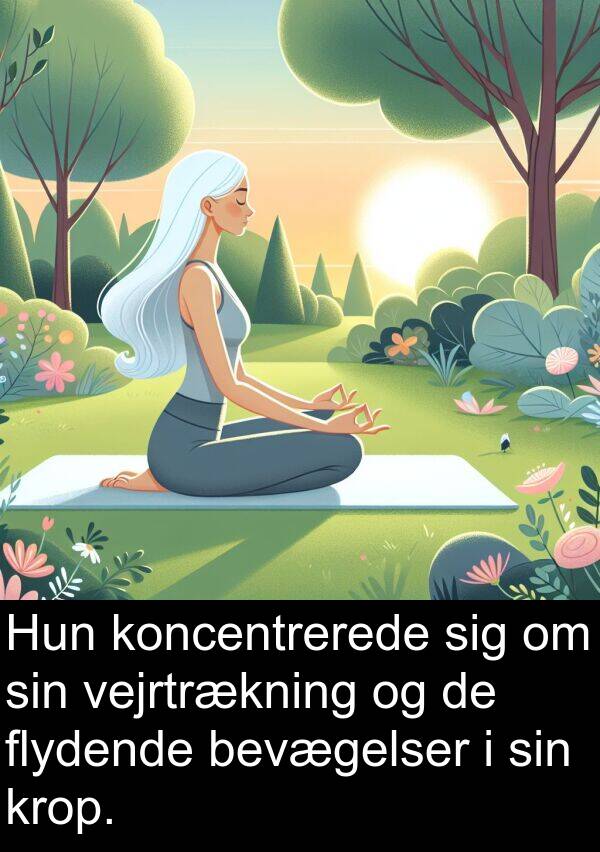 koncentrerede: Hun koncentrerede sig om sin vejrtrækning og de flydende bevægelser i sin krop.