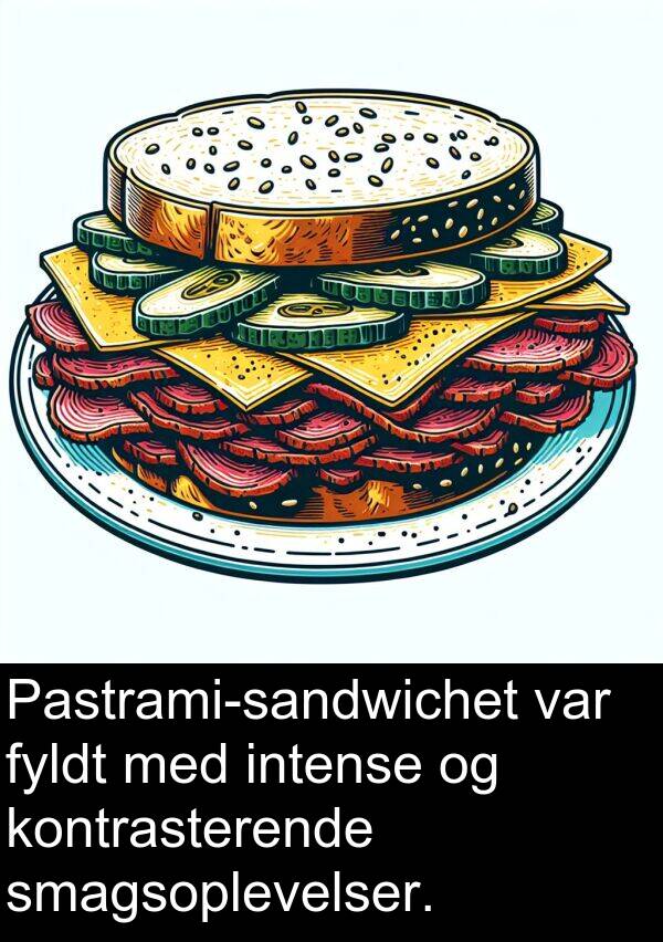 kontrasterende: Pastrami-sandwichet var fyldt med intense og kontrasterende smagsoplevelser.