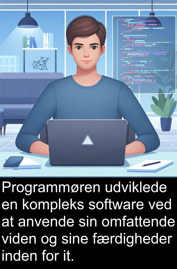 kompleks: Programmøren udviklede en kompleks software ved at anvende sin omfattende viden og sine færdigheder inden for it.