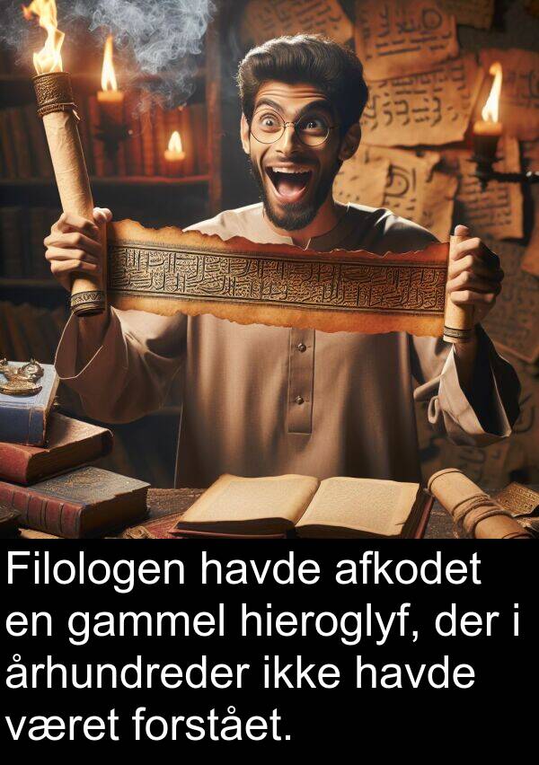 århundreder: Filologen havde afkodet en gammel hieroglyf, der i århundreder ikke havde været forstået.