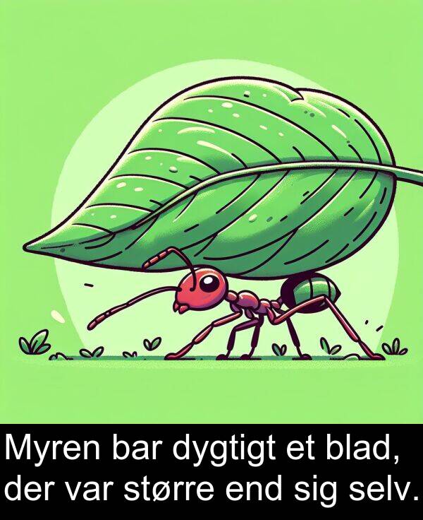 bar: Myren bar dygtigt et blad, der var større end sig selv.