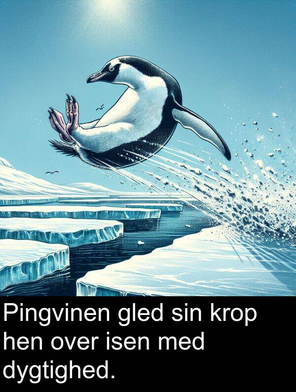 krop: Pingvinen gled sin krop hen over isen med dygtighed.