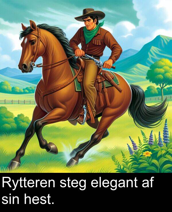 hest: Rytteren steg elegant af sin hest.