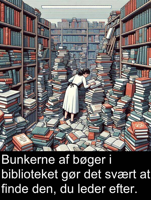 svært: Bunkerne af bøger i biblioteket gør det svært at finde den, du leder efter.