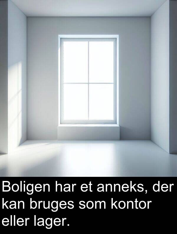lager: Boligen har et anneks, der kan bruges som kontor eller lager.