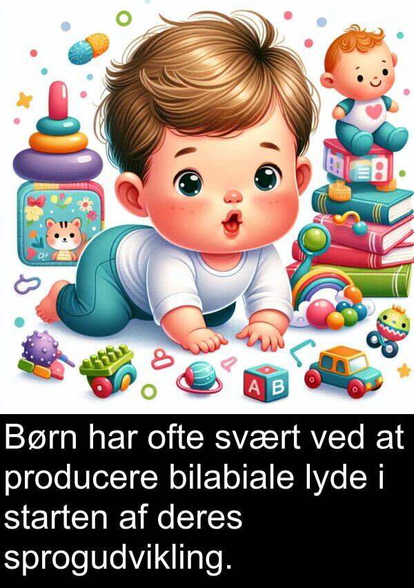 svært: Børn har ofte svært ved at producere bilabiale lyde i starten af deres sprogudvikling.