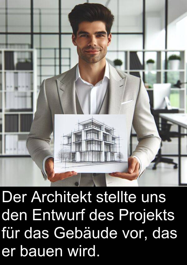 Projekts: Der Architekt stellte uns den Entwurf des Projekts für das Gebäude vor, das er bauen wird.