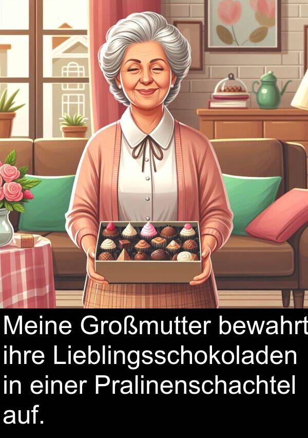 Pralinenschachtel: Meine Großmutter bewahrt ihre Lieblingsschokoladen in einer Pralinenschachtel auf.
