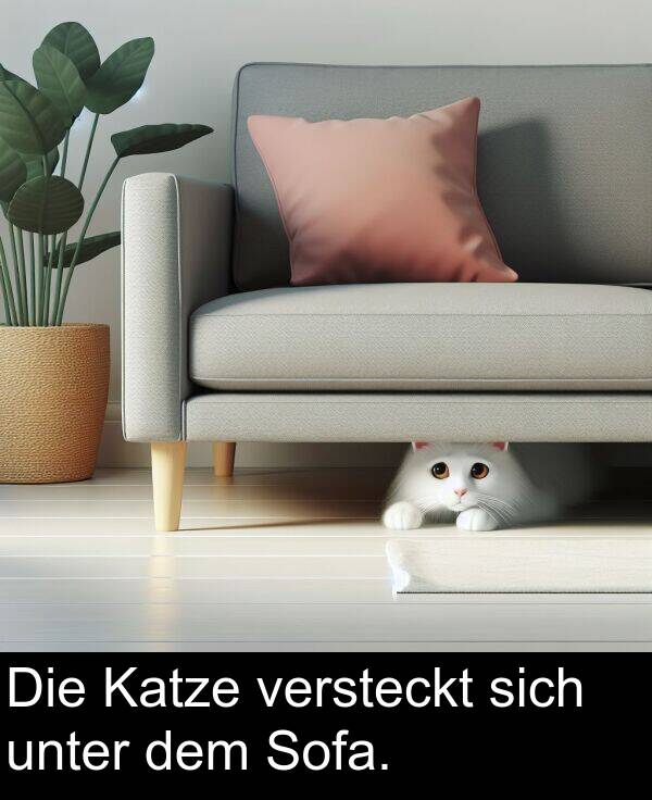 unter: Die Katze versteckt sich unter dem Sofa.