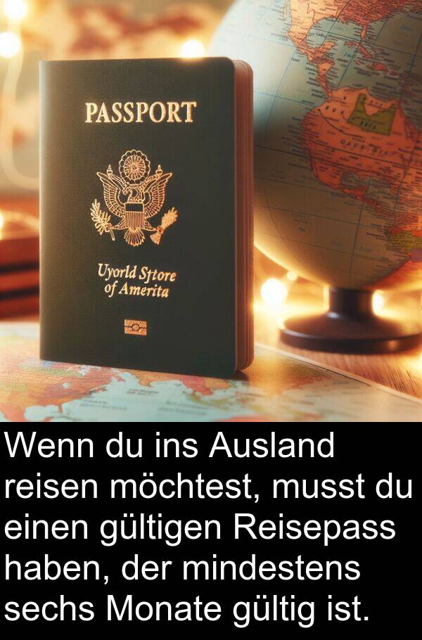 gültigen: Wenn du ins Ausland reisen möchtest, musst du einen gültigen Reisepass haben, der mindestens sechs Monate gültig ist.