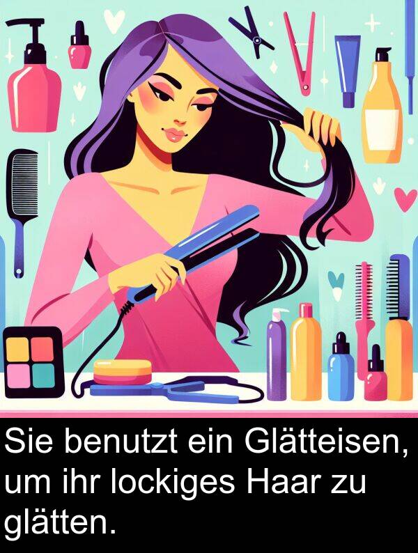 Haar: Sie benutzt ein Glätteisen, um ihr lockiges Haar zu glätten.