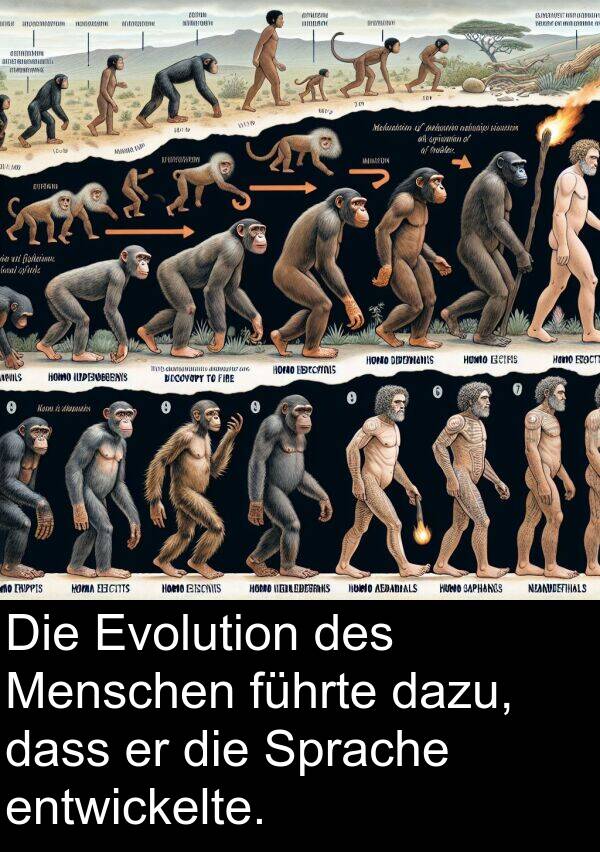 dazu: Die Evolution des Menschen führte dazu, dass er die Sprache entwickelte.