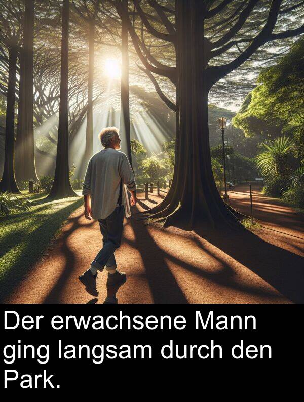 den: Der erwachsene Mann ging langsam durch den Park.