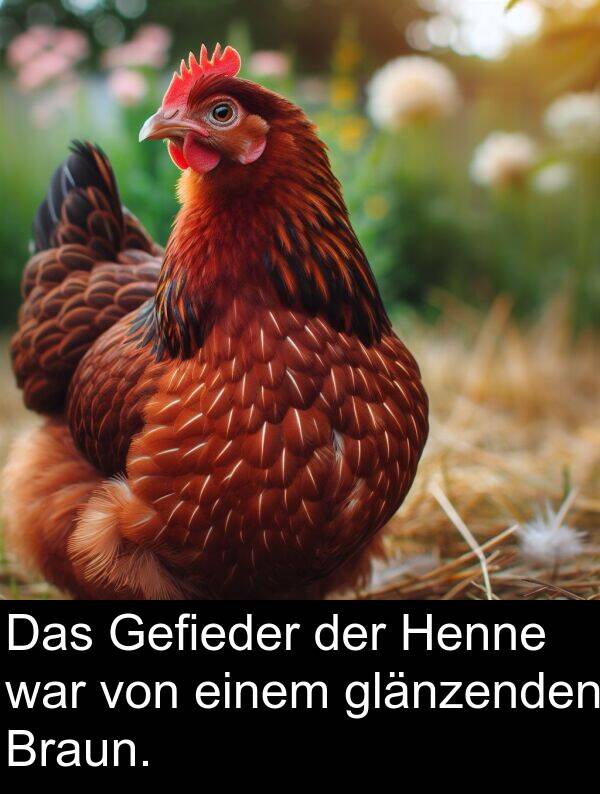 glänzenden: Das Gefieder der Henne war von einem glänzenden Braun.