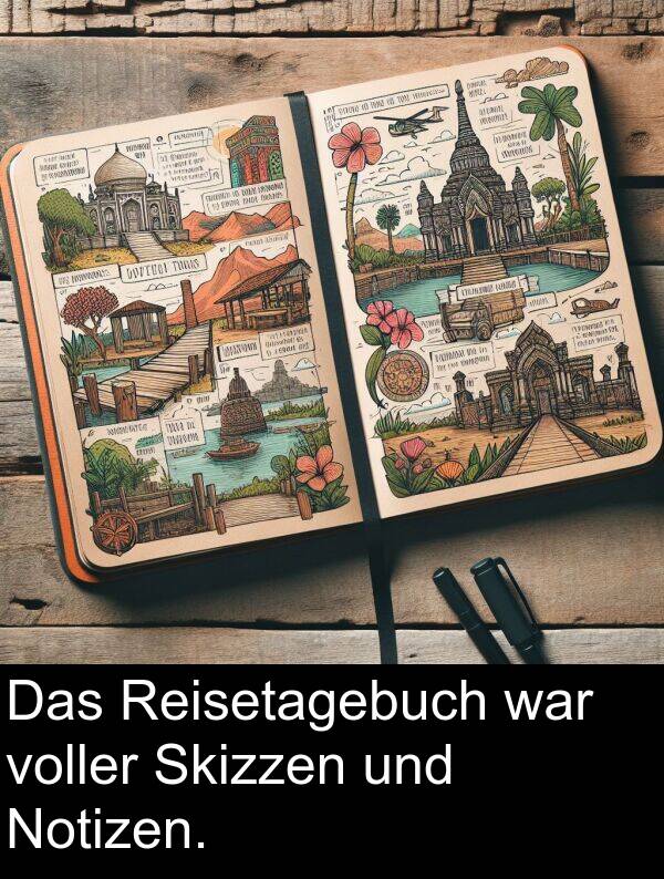 voller: Das Reisetagebuch war voller Skizzen und Notizen.