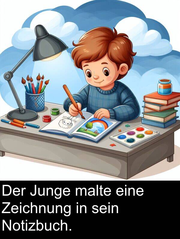malte: Der Junge malte eine Zeichnung in sein Notizbuch.