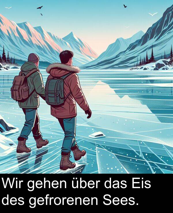 das: Wir gehen über das Eis des gefrorenen Sees.