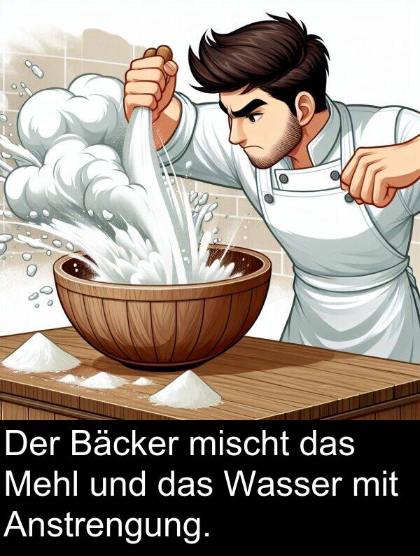 mischt: Der Bäcker mischt das Mehl und das Wasser mit Anstrengung.