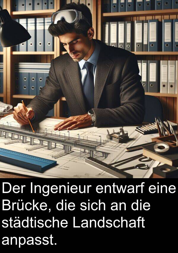 Brücke: Der Ingenieur entwarf eine Brücke, die sich an die städtische Landschaft anpasst.