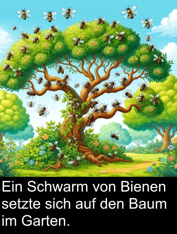 Baum: Ein Schwarm von Bienen setzte sich auf den Baum im Garten.