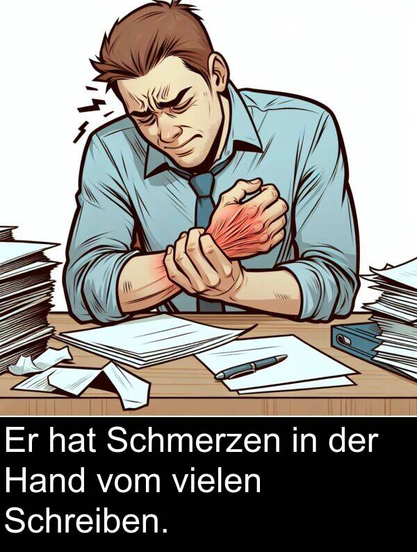 vielen: Er hat Schmerzen in der Hand vom vielen Schreiben.