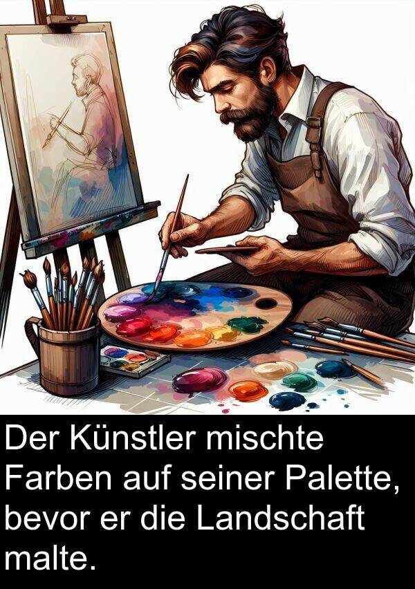 Farben: Der Künstler mischte Farben auf seiner Palette, bevor er die Landschaft malte.