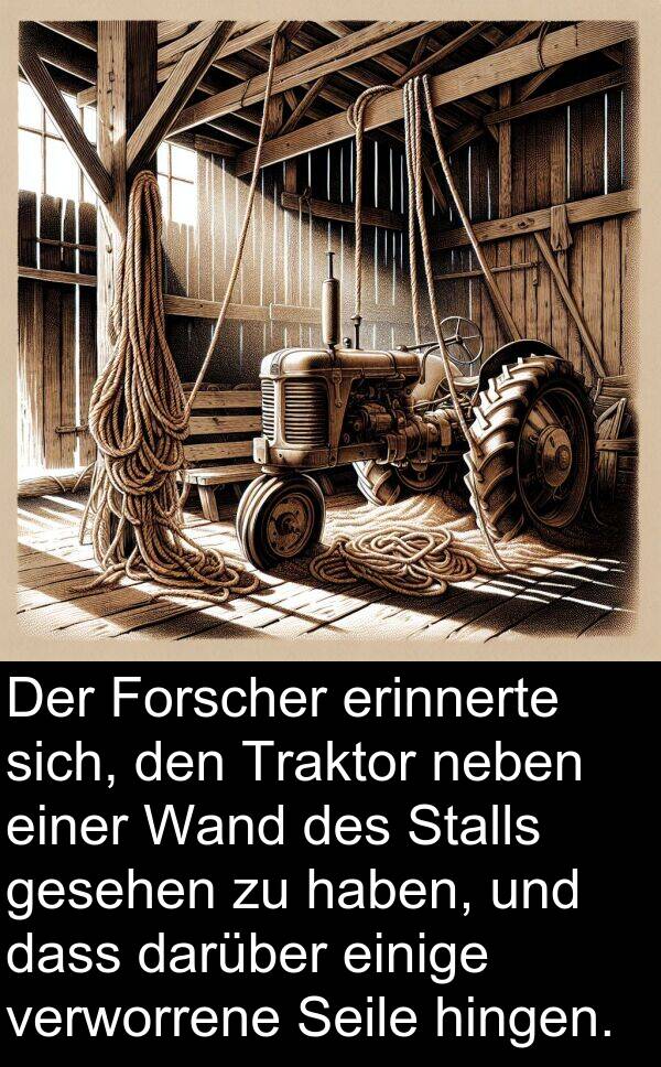 Wand: Der Forscher erinnerte sich, den Traktor neben einer Wand des Stalls gesehen zu haben, und dass darüber einige verworrene Seile hingen.