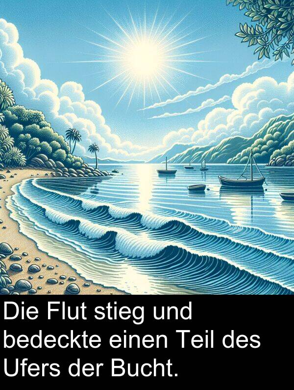 stieg: Die Flut stieg und bedeckte einen Teil des Ufers der Bucht.