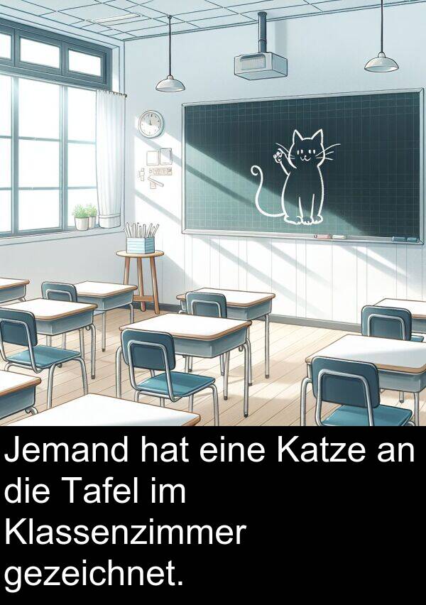 Jemand: Jemand hat eine Katze an die Tafel im Klassenzimmer gezeichnet.