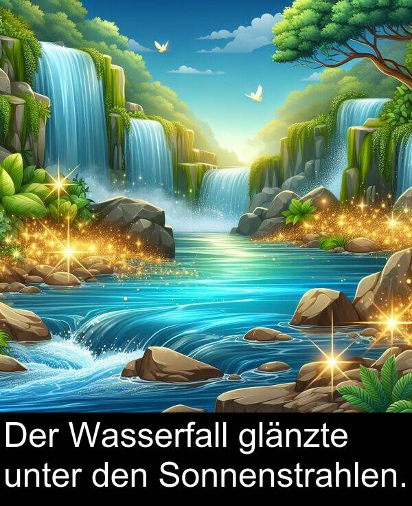unter: Der Wasserfall glänzte unter den Sonnenstrahlen.